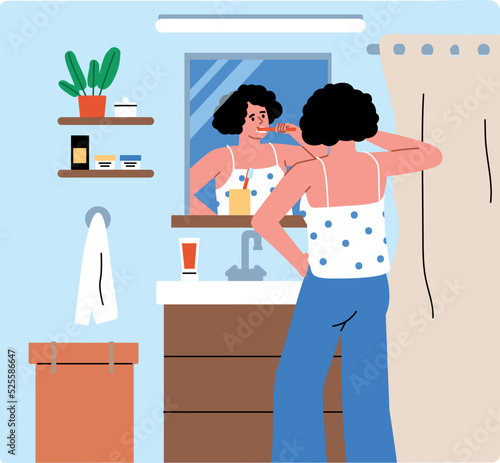 Young woman stading in front of mirror and brushing teeth. Bathroom. Daily routine. Morning care. Girl cartoon. Flat vector illustration.