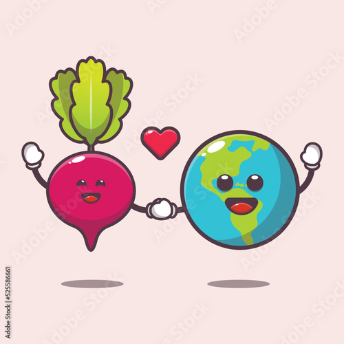 Cute radish and earth charater cartoon illustration. Cute vegetable icon vector illustration.