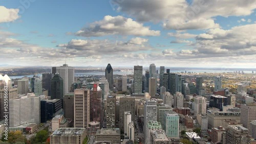 Wallpaper Mural Establishing shot of Montreal, Quebec, Canada, aerial panoramic view of high rise buildings in the financial district during fall season. Torontodigital.ca