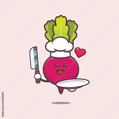 Cute chef radish charater cartoon illustration. Cute vegetable icon vector illustration.