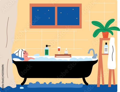 Young woman talking bubbly bath. Bathroom interior, home. Flat cartoon vector illustration.