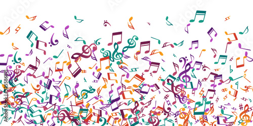 Music notes flying vector backdrop. Song notation