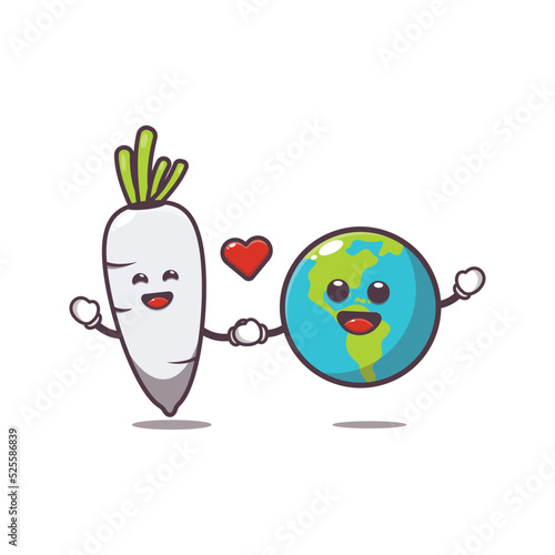 cute white radish and earth cartoon character illustration