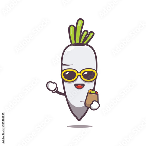 cute white radish cartoon character in sunglasses with shopping bag