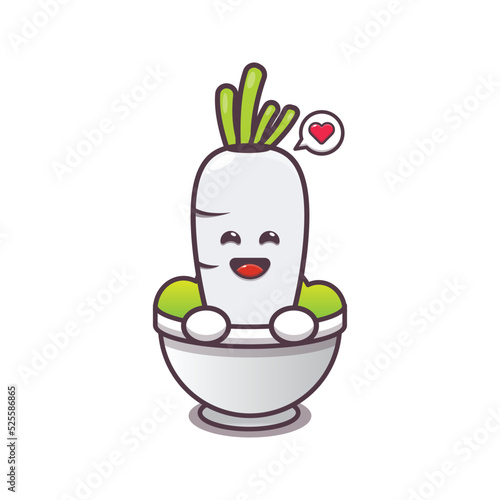 cute white radish cartoon character in bowl