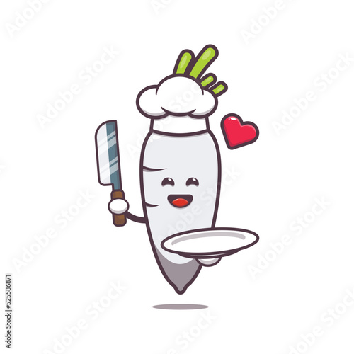 cute white radish with chef hat holding knife and plate. 