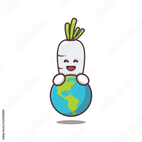 cute white radish cartoon character hugging earth