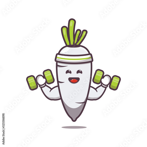 cute white radish cartoon character lifting dumbbell