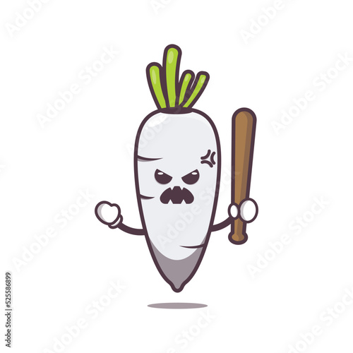 cute angry white radish cartoon mascot character holding baseball stick