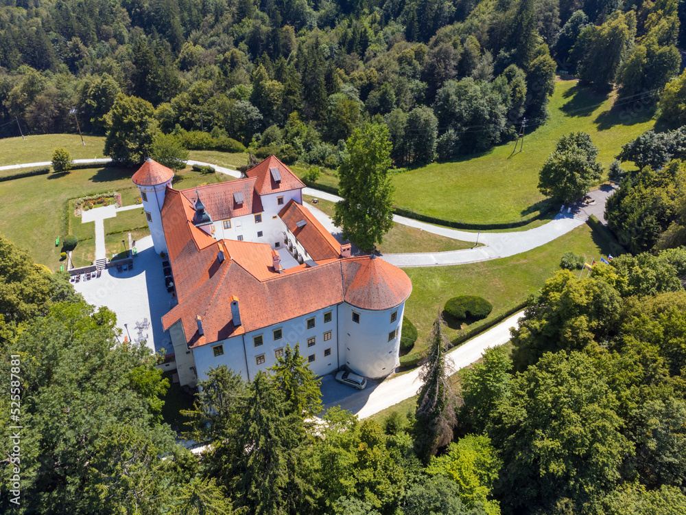 Beautiful aerial drone view of Bogensperk castle, Litija, Slovenia.