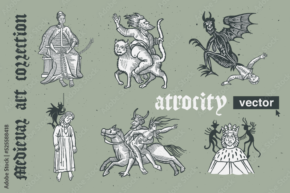 Atrocity vector engraving style illustration. Medieval art with
