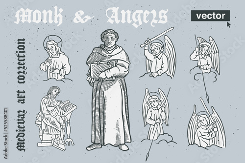 Monk and angels vector engraving style illustration. Medieval art with blackletter calligraphy.