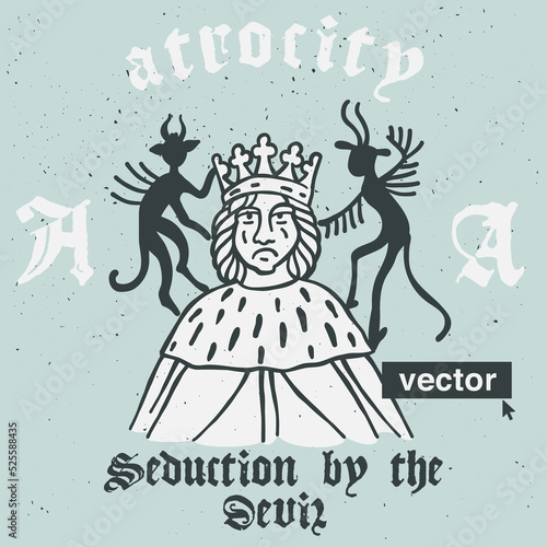 Atrocity vector engraving style illustration. Medieval art with blackletter calligraphy.