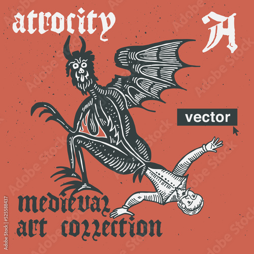 Atrocity vector engraving style illustration. Medieval art with blackletter calligraphy.