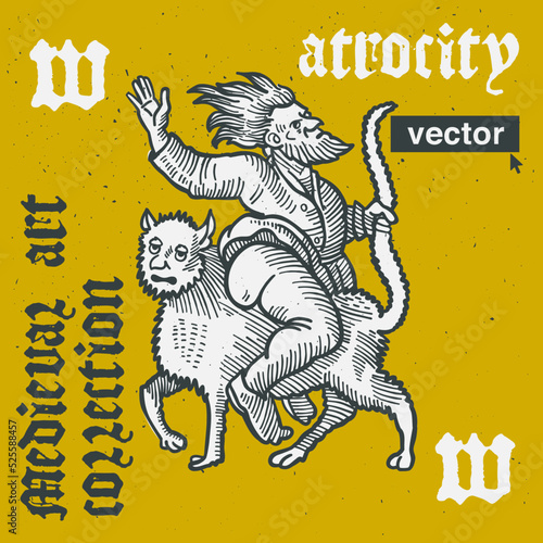 Sorcerer on the beast vector engraving style illustration. Medieval art with blackletter calligraphy.
