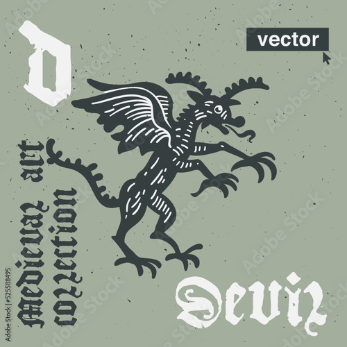 Devil vector engraving style illustration. Medieval art with blackletter calligraphy.
