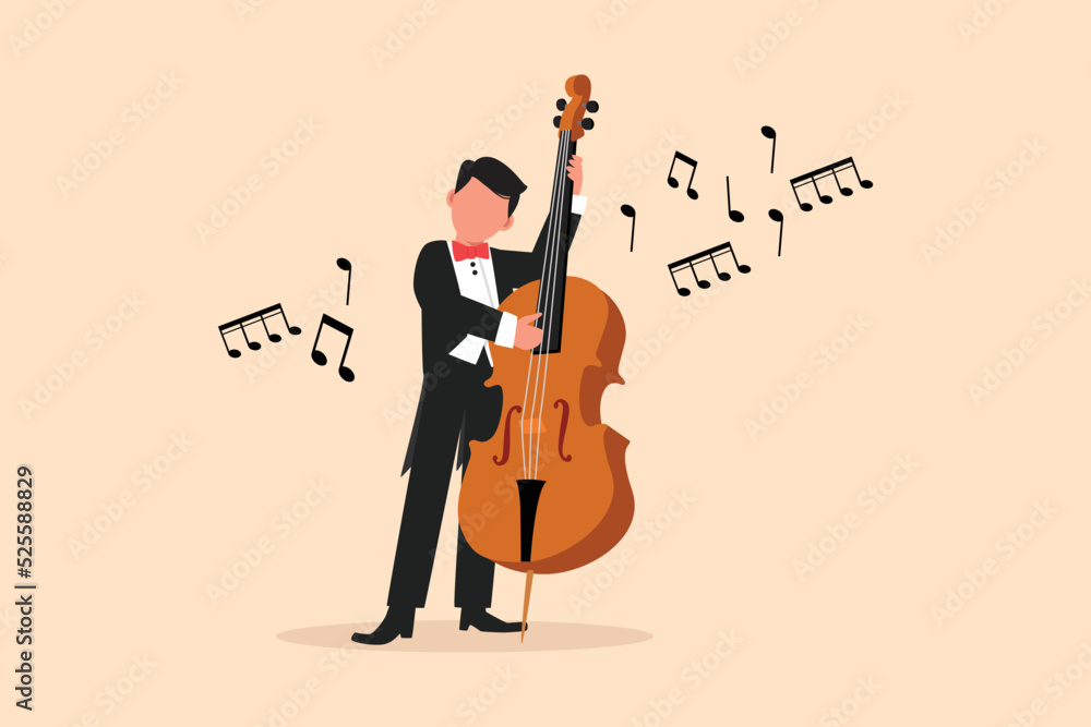 Business flat cartoon drawing double bass player standing with big string instrument. Man