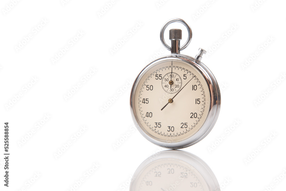 mechanical analog stopwatch on a white background. Time part precision. Measurement of the speed interval