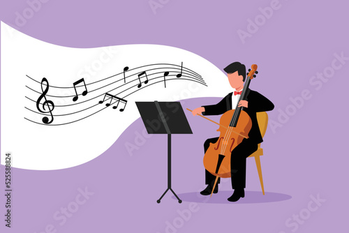 Business flat style drawing young male performer playing on contrabass. Cellist man playing cello, musician playing classical music instrument. Cartoon character graphic design vector illustration