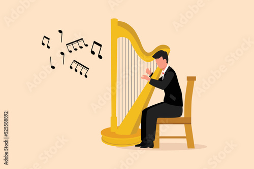 Business flat style drawing man musician playing harp. Classical music performer character with musical instrument. Male sitting on chair and playing harp. Cartoon design graphic vector illustration