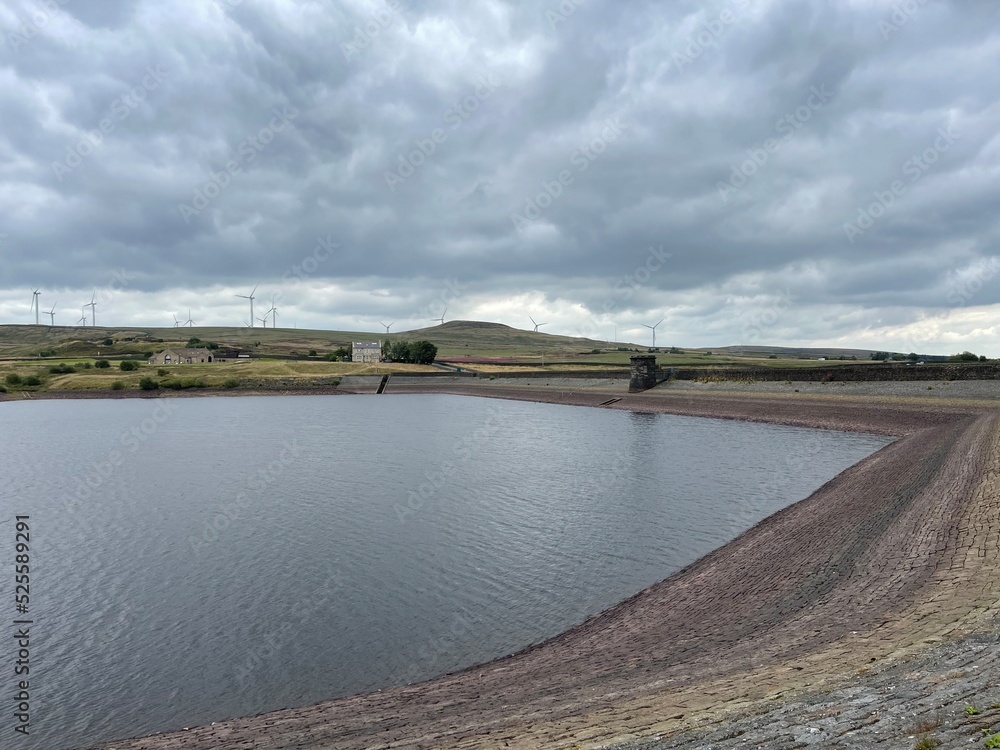 Aerial view of a reservoir with low water levels due to the hot and dry weather in England. Taken in Lancashire. Aerial view of a reservoir with low water levels due to the hot and dry weather in England. Taken in Lancashire.