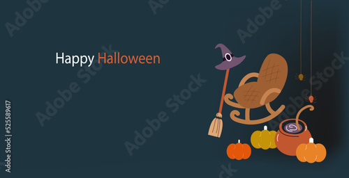 Vector banner cute Halloween, Witch house,  pumpkin, spiders. decorations. Funny Halloween greeting card.