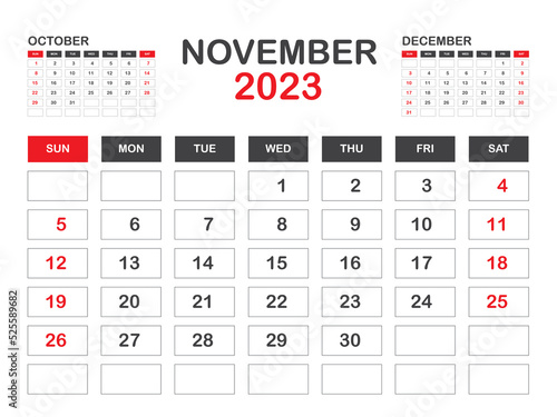 Calendar 2023 template minimal style, November 2023 template, Desk calendar 2023 year, Wall calendar, Week starts on sunday, Planner, Printing media, poster, advertisement, Red background vector