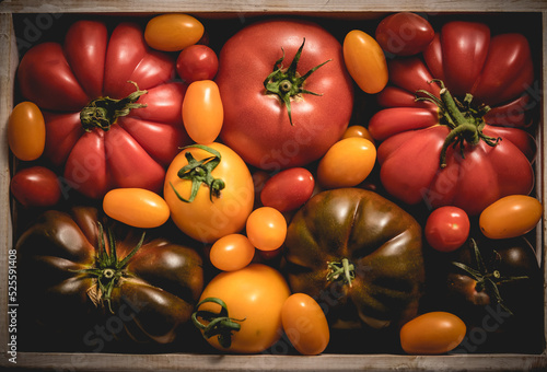 Assortment of tomatoes in a wooden box photo