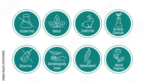 paraben free, natural, cruelty free, o harsh chemicals, silicon free, dermatologically tested, hypoallergenic, natural fragrance icon vector illustration 