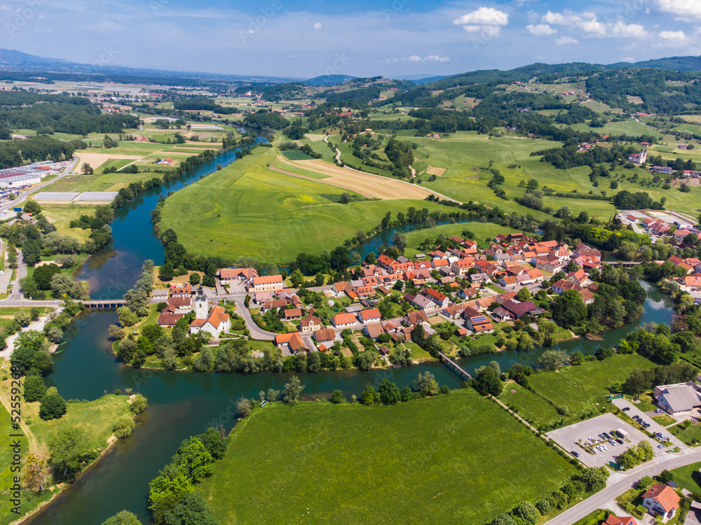 Kostanjevica na Krki Medieval Town Surrounded by Krka River, Slovenia, Europe. Aerial view.