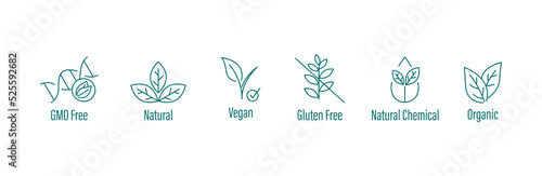 gmo free, natural, vegan, gluten free, natural chemical, organic icon set vector illustration 