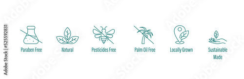 paraben free, dermatologically tested, toxic free, natural chemicals, hypoallergenic icon set vector illustration 