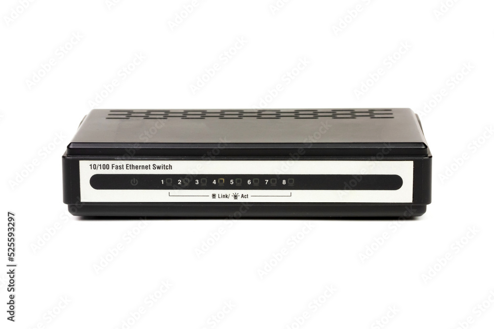 8-port network switch isolated on white background. Components to create local area network for share data and device. 8-port network switch isolated on white background. Components to create local area network for share data and device.