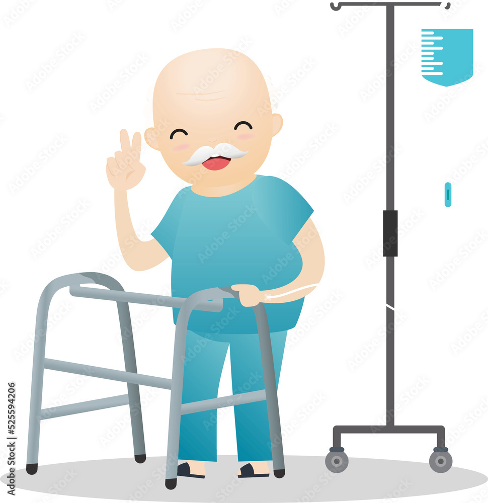 Smiling senior man using walker at rehab center.Old man using walker . Smiling senior man using walker at rehab center.Old man using walker .