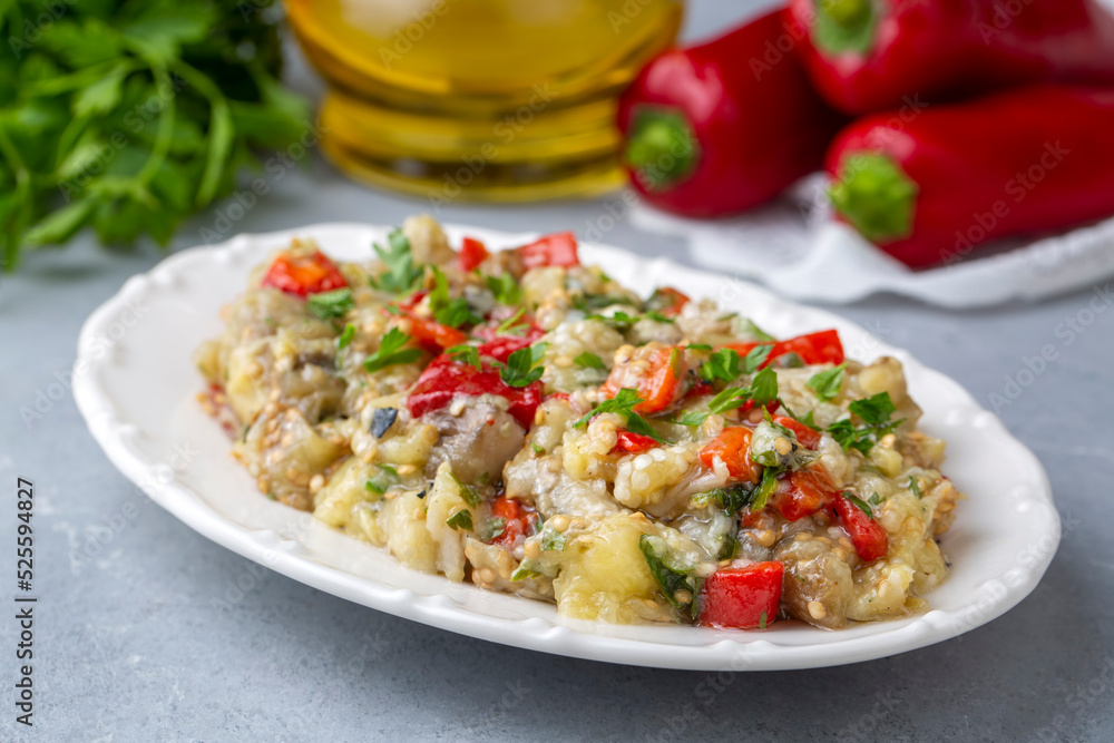 Turkish style eggplant appetizer, eggplant salad, Roasted Eggplant Salad, Turkish name; Patlican salatasi, babaganus Turkish style eggplant appetizer, eggplant salad, Roasted Eggplant Salad, Turkish name; Patlican salatasi, babaganus