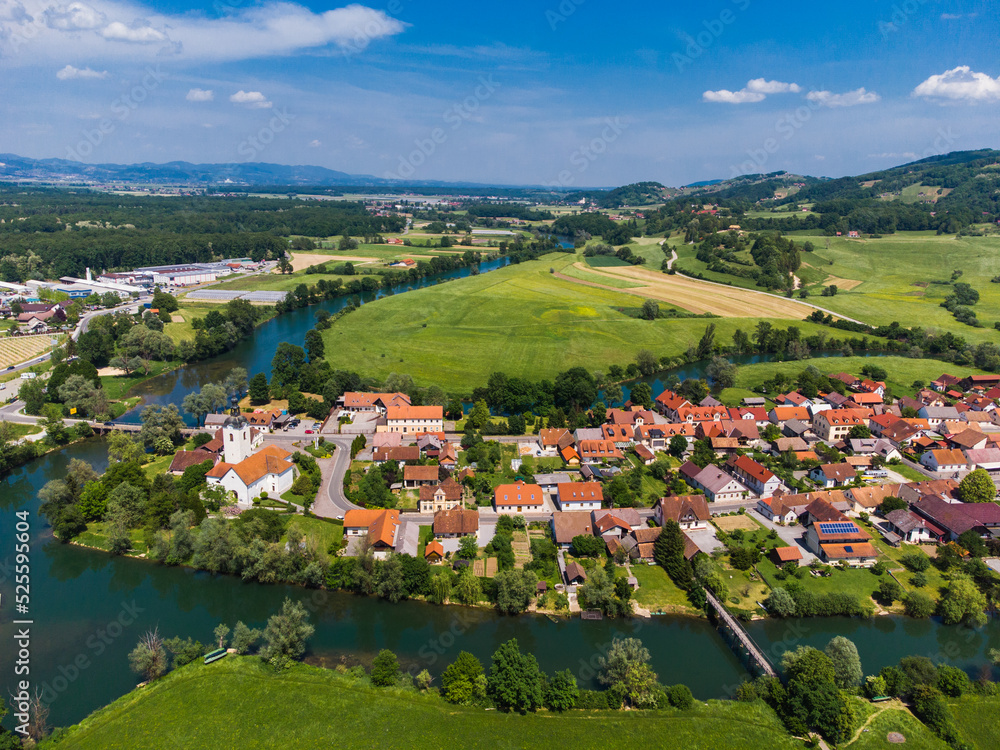 Kostanjevica na Krki Medieval Town Surrounded by Krka River, Slovenia, Europe. Aerial view.