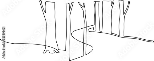 Landscape park with path and trees. Continuous line drawing illustration. Vector
