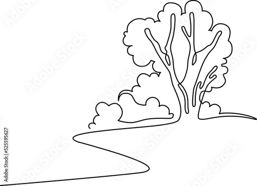 Landscape park with path and trees. Continuous line drawing illustration. Vector