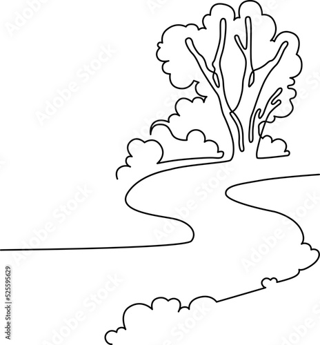 Landscape park with path and trees. Continuous line drawing illustration. Vector