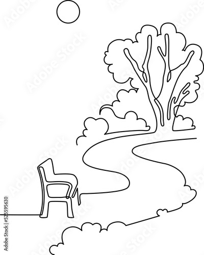 Landscape park with path and trees. Continuous line drawing illustration. Vector