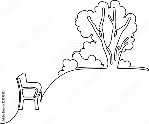 Landscape park with path and trees. Continuous line drawing illustration. Vector