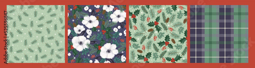 Christmas and Happy New Year seamless patterns. Christmas tree, flowers, berries, plaid. New Year backgrounds. Vector design.