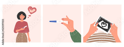 Set of illustrations on pregnancy, reproductive health, pregnancy test, ultrasound scan, screening. Vector