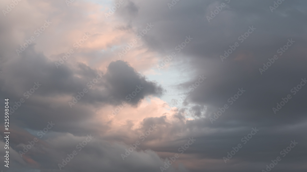 Thick cumulus clouds with pink tint at sunset. Background natural color of evening cloudscape panorama.