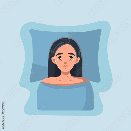 A young woman with a sleep disorder is lying at home in her bed. The girl can't sleep. Insomnia