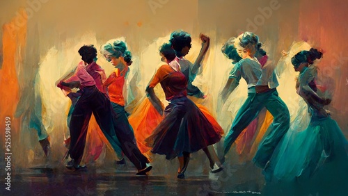 Painting of people dancing in bright colors photo