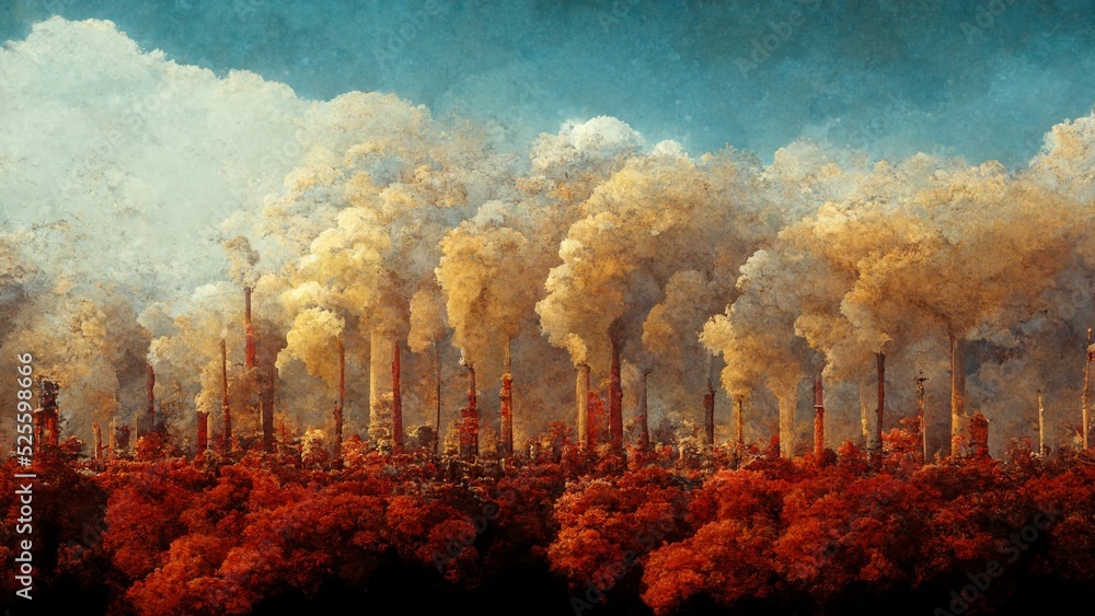Painting of destroyed nature and factories working - climate change, global warming concept - obrazy, fototapety, plakaty 
