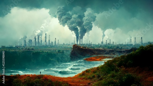 Obraz na plátně Painting of a rising sea and factories working - climate change, global warming