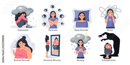 A set of vector illustrations of mental illnesses and disorders photo