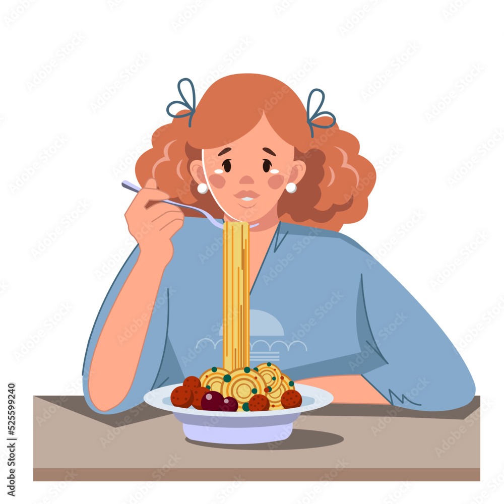 Young red-haired woman eating hot delicious spaghetti bolognese. Conceptual illustration Young red-haired woman eating hot delicious spaghetti bolognese. Conceptual illustration